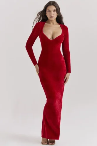 Abito con scollo a cuore in ciniglia Aria Scarlet
