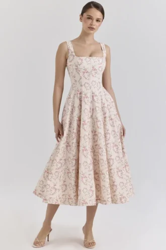 Abito da sole midi in cotone con stampa floreale color crema Mariabella