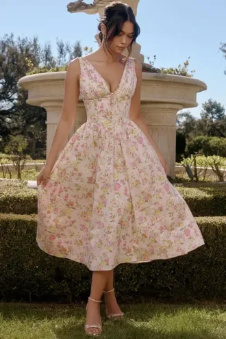 Abito estivo a corsetto in cotone con stampa Emmelina Pink Meadow