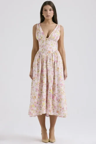 Abito estivo a corsetto in cotone con stampa Emmelina Pink Meadow