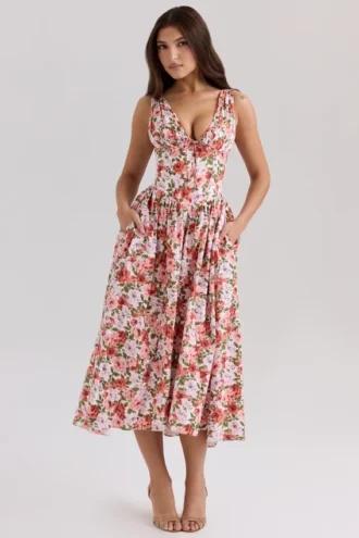 Abito estivo a corsetto in cotone elasticizzato con stampa floreale a rose Emmelina