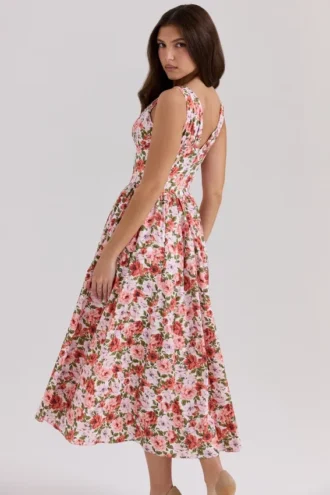 Abito estivo a corsetto in cotone elasticizzato con stampa floreale a rose Emmelina