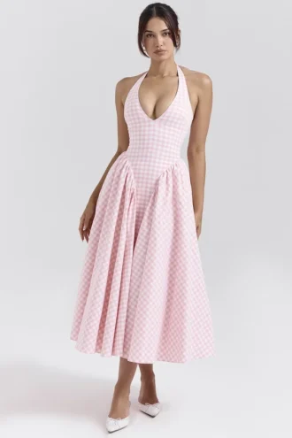 Abito estivo a fascia in cotone a quadretti Marilyn Strawberry Shortcake