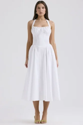 Abito estivo bianco in cotone con scollo all’americana Adabella
