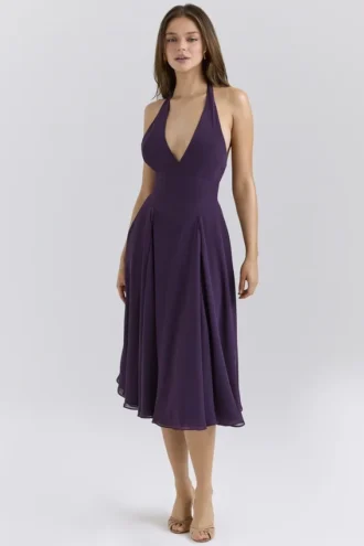 Abito Estivo con scollo all’americana in georgette color uva “Solada”