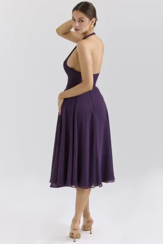 Abito Estivo con scollo all’americana in georgette color uva “Solada”