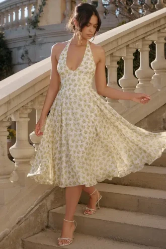 Abito Estivo con scollo all’americana in georgette con stampa floreale vintage “Solada” color avorio