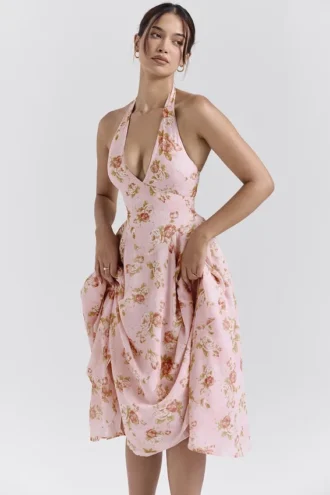 Abito estivo con scollo all’americana in georgette con stampa rosa vintage inglese “Solada”