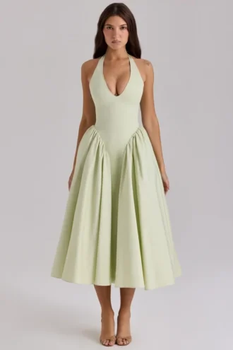 Abito estivo halter in cotone color pistacchio “Marilyn”