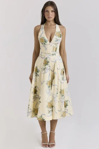 Abito Estivo halter in cotone elasticizzato con nastro a limoni Allena