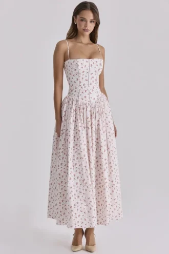 Abito estivo in cotone con stampa di rose bianche Ysabella