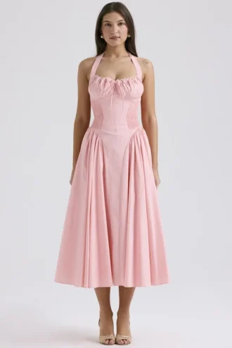 Abito estivo in cotone rosa Adabella con scollo all’americana