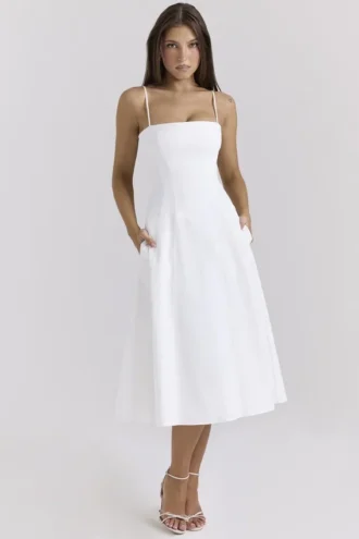 Abito Estivo midi A-line in cotone elasticizzato bianco Dolly