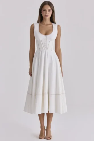 Abito estivo midi bianco in cotone con cintura in vita “Solana”