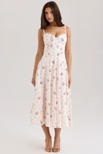 Abito Estivo midi bianco in cotone elasticizzato con stampa a rose “Steffani”