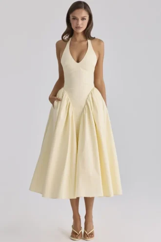 Abito estivo midi con scollo all’americana in cotone color limone “Marilyn”