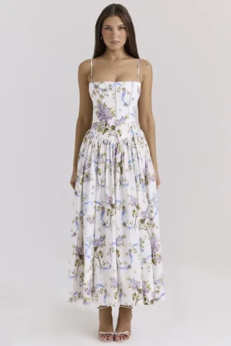 Abito Estivo midi in cotone bianco sporco con stampa vintage a nastri Ysabella