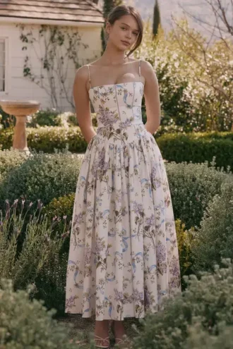 Abito Estivo midi in cotone bianco sporco con stampa vintage a nastri Ysabella