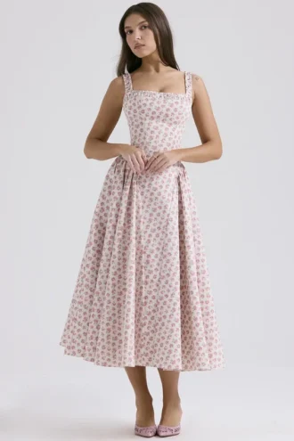 Abito estivo midi in cotone con stampa di boccioli di rosa bianchi “Dorothy”