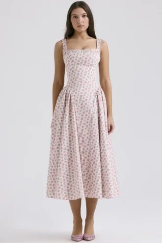 Abito estivo midi in cotone con stampa di boccioli di rosa bianchi “Dorothy”