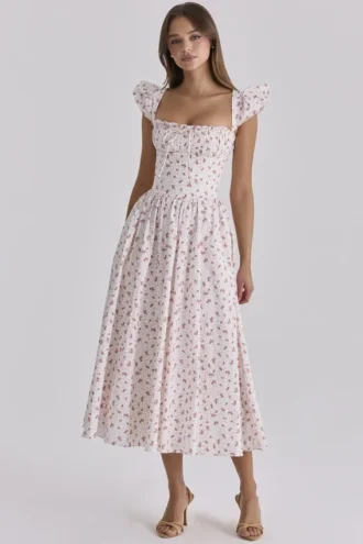Abito estivo midi in cotone con stampa di rose bianche Livia