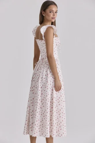 Abito estivo midi in cotone con stampa di rose bianche Livia