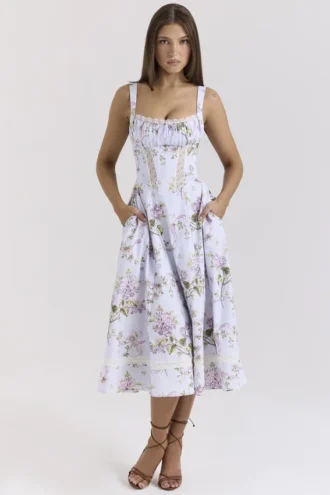 Abito estivo midi in cotone con stampa floreale Kim Lilac