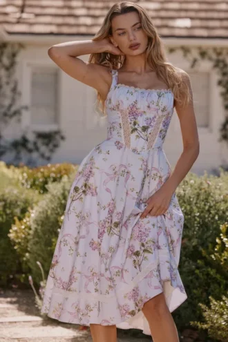 Abito estivo midi in cotone con stampa floreale Kim Lilac