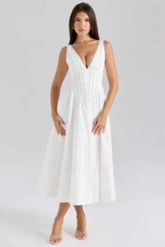 Abito Estivo midi in cotone elasticizzato bianco Samia