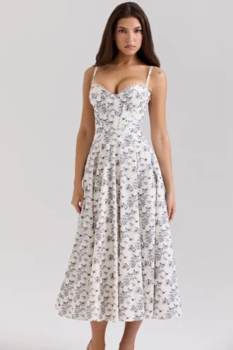 Abito Estivo midi in cotone elasticizzato color crema con stampa floreale Steffani