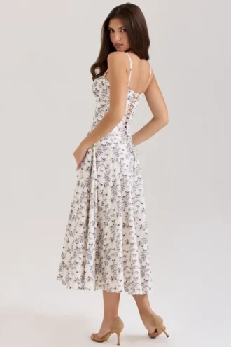 Abito Estivo midi in cotone elasticizzato color crema con stampa floreale Steffani