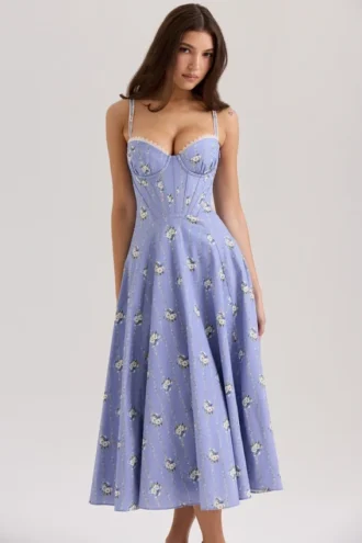 Abito Estivo midi in cotone elasticizzato con stampa margherite blu “Steffani”