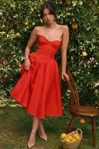 Abito estivo midi senza spalline Elizabeth in Italian Tomato