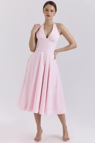 Abito Estivo rosa in cotone elasticizzato con scollo all’americana “Allena”