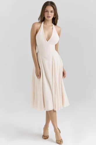 Abito Estivo vintage color crema in georgette con scollo all’americana