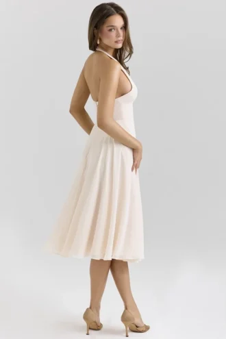 Abito Estivo vintage color crema in georgette con scollo all’americana