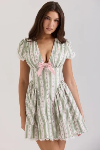 Abito in cotone elasticizzato con stampa floreale a righe verdi Emiliana