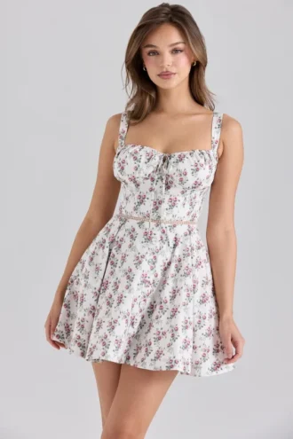 Abito in cotone elasticizzato con stampa rose color crema di Calia