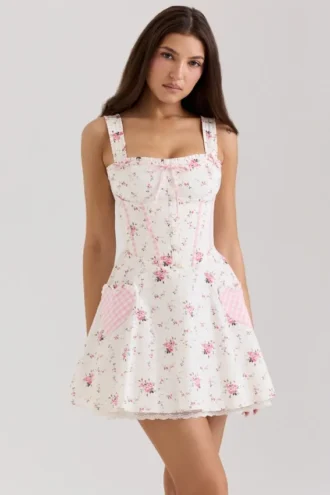 Abito in cotone elasticizzato con stampa rose color crema Marianella