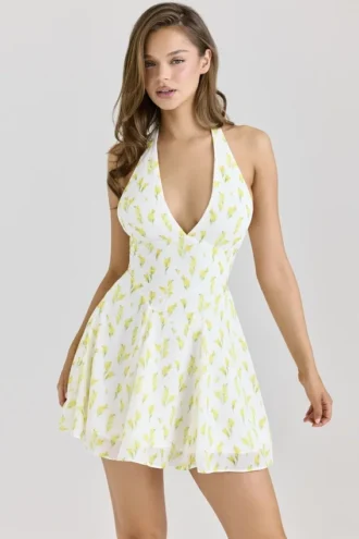 Abito in georgette con stampa floreale Iris Lemon e scollo all’americana