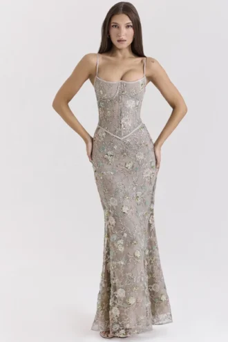 Abito lungo a corsetto con decorazioni in argento e perline Naima