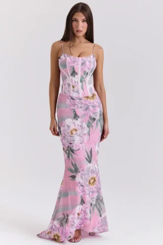 Abito lungo a corsetto con stampa floreale rosa Antonina