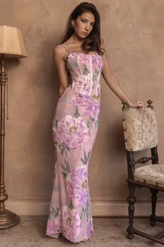 Abito lungo a corsetto con stampa floreale rosa Antonina