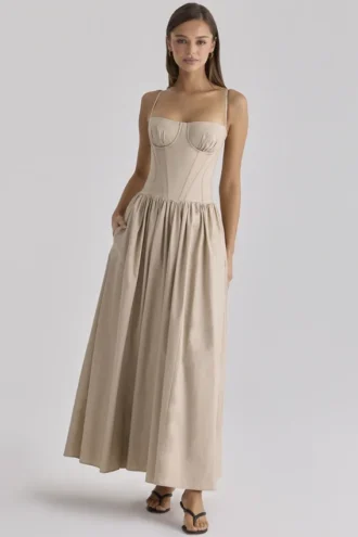 Abito lungo a corsetto in cotone color taupe Rona