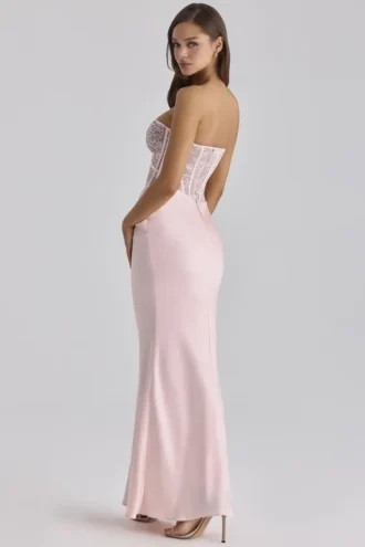 Abito lungo a corsetto in pizzo rosa e raso “Ayana”