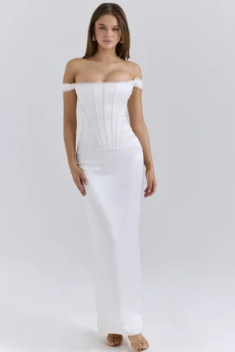 Abito lungo a corsetto in raso avorio Isis