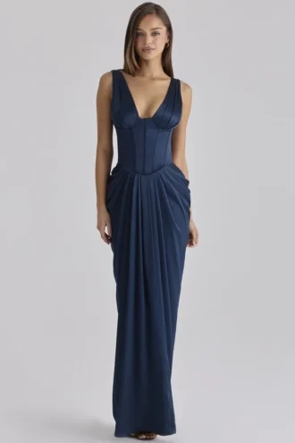 Abito lungo a corsetto in raso blu navy Angeline