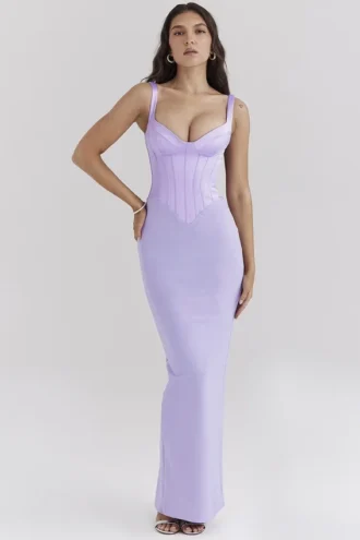 Abito lungo a corsetto in raso Breeze Orchid