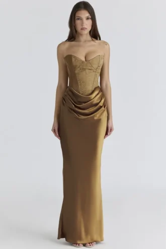 Abito lungo a corsetto in raso broccato bronzo Aurelia