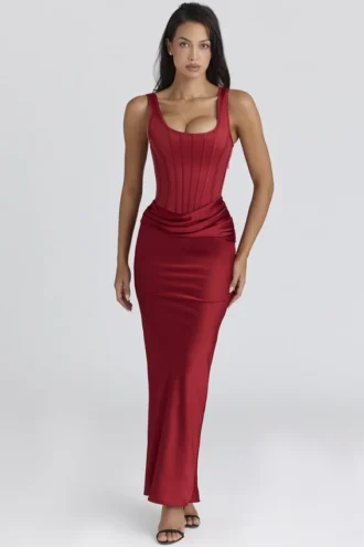 Abito lungo a corsetto in raso rosso Kira